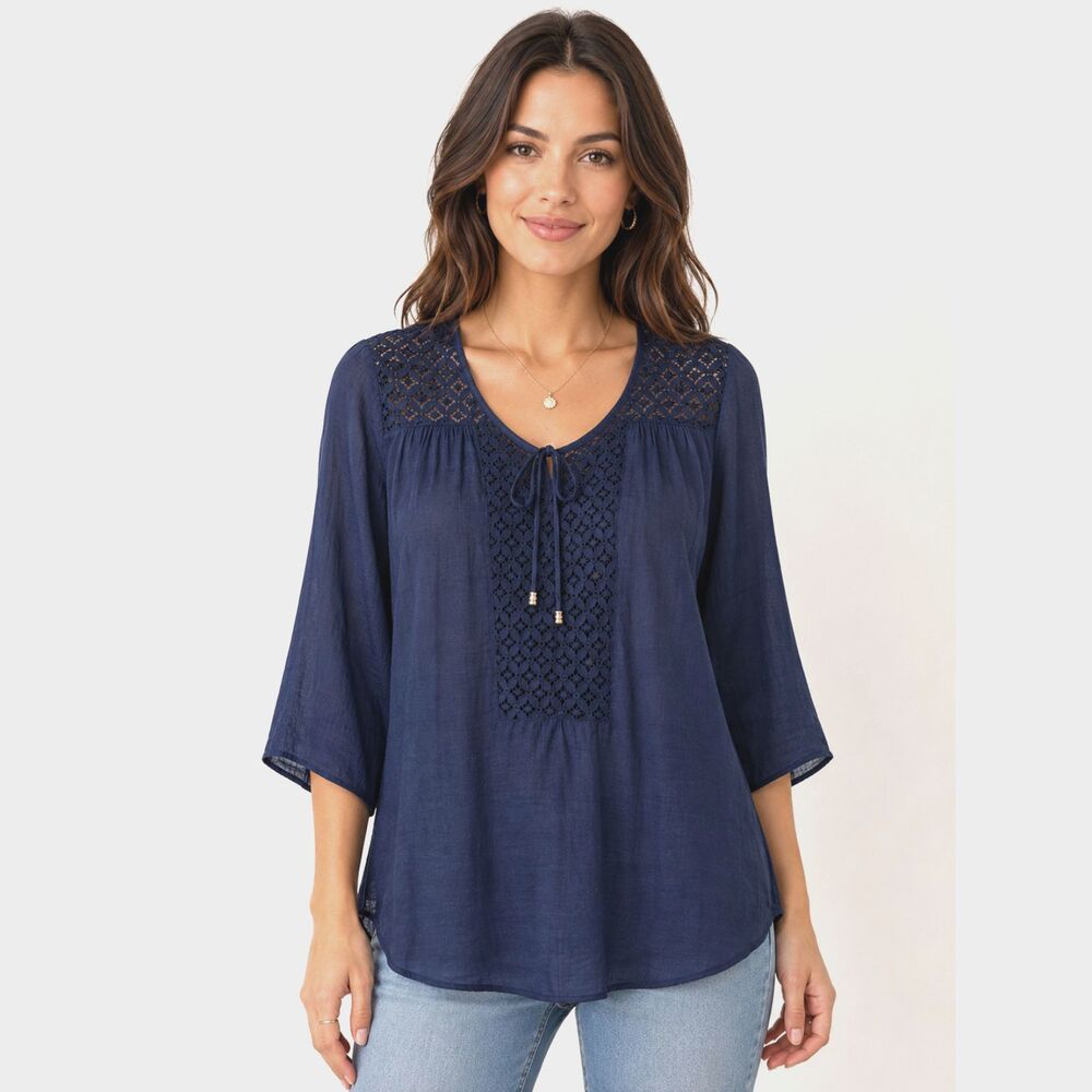 ALYX Navy Blue Crochet Lace Peasant Blouse Tunic Top Size Large Boho Tie